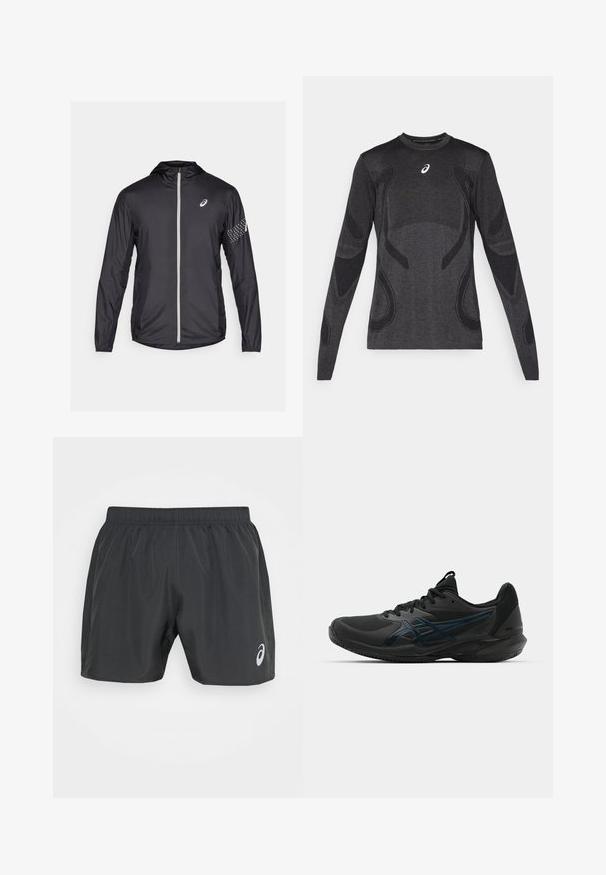 Veste légère noire en matériau synthétique, dotée d'une fermeture éclair intégrale, d'une capuche et d'accents réfléchissants sur les manches.; Haut de sport à manches longues en gris foncé, avec des accents de design texturé en gris clair. Encolure ronde avec logo sur la poitrine.; ASICS CORE SHORT - Short de sport - graphite grey; ASICS SOLUTION SPEED FF 3 CLAY - Chaussures de tennis pour terre-battueerre battue - black/prism blue