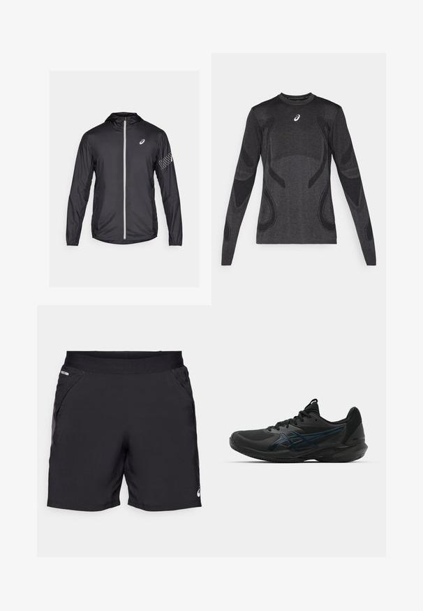 Jachetă ușoară neagră, din material sintetic, cu fermoar lung, glugă și accente reflectorizante pe mâneci.; Tricou sportiv cu mâneci lungi, de culoare gri închis, având detalii texturate în gri deschis. Guler tip crew cu logo pe piept.; Shorts atletici negri dintr-un material ușor, cu două buzunare laterale, talie elastică și un mic detaliu cu logo în josul tivului.; ASICS SOLUTION SPEED FF 3 CLAY - Pantofi de tenis pe zgură - black/prism blue
