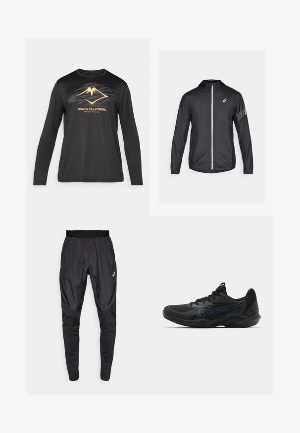 Crna lagana jakna od sintetičkog materijala, s punim zatvaračem, kapuljačom i reflektirajućim detaljima na rukavima.; ASICS FUJITRAIL LOGO TOP - Top dugih rukava - performance black; Crne sportske hlače s rastezljivim pojasom, bočnim džepovima i kontrastnim teksturalnim panelima na nogama. Asics logo na kuku.; ASICS SOLUTION SPEED FF 3 CLAY - Tenisice za zemljane terene - black/prism blue