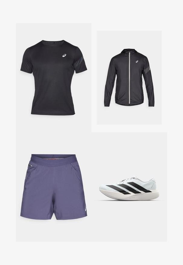 Black lightweight jacket made of synthetic material, featuring a full zip, hood, and reflective accents on the sleeves.; Black short-sleeve athletic shirt made of moisture-wicking fabric. Features a round neckline and a patterned accent on one sleeve.; Men's athletic shorts in purple, made of lightweight fabric. Features an elastic waistband and side pockets with a small logo on the hem.; Lightweight running shoes in pale blue with black stripes. Features a smooth upper, round toe, and thick white midsole labeled "LIGHTSTRIKE PRO."