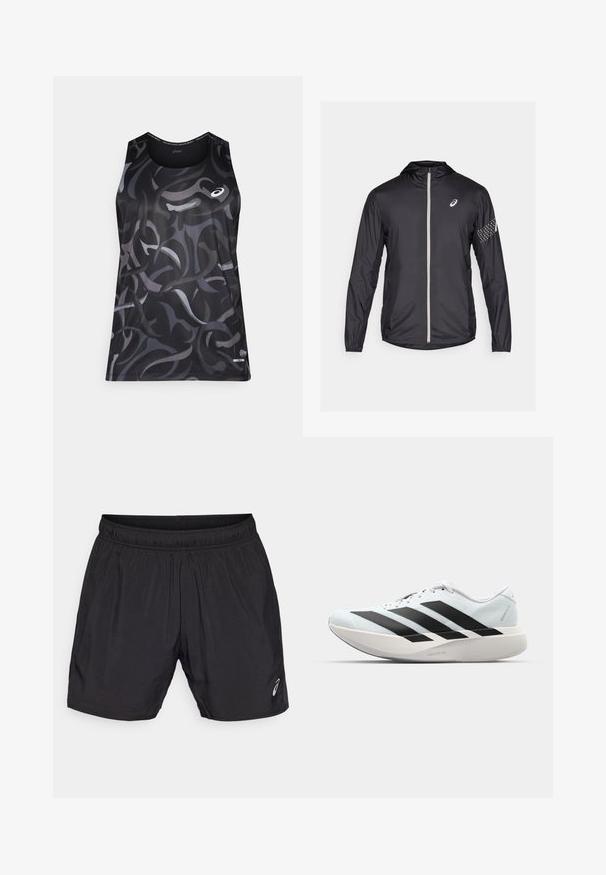 Sort letvægtsjakke lavet af syntetisk materiale, med fuld lynlås, hætte og reflekterende detaljer på ærmerne.; Sort atletisk tanktop med svulmende grå og mørke mønstre. Har en rund halsudskæring og et lille logo på venstre foran. Glat tekstur.; Sorte atletiske shorts lavet af letvægtsmateriale, med en elastisk talje og et lille logo på nederste venstre side.; Letvægtige løbesko i lys blå med sorte striber. Har en glat overdel, rund tå og tyk hvid mellemsål mærket "LIGHTSTRIKE PRO."