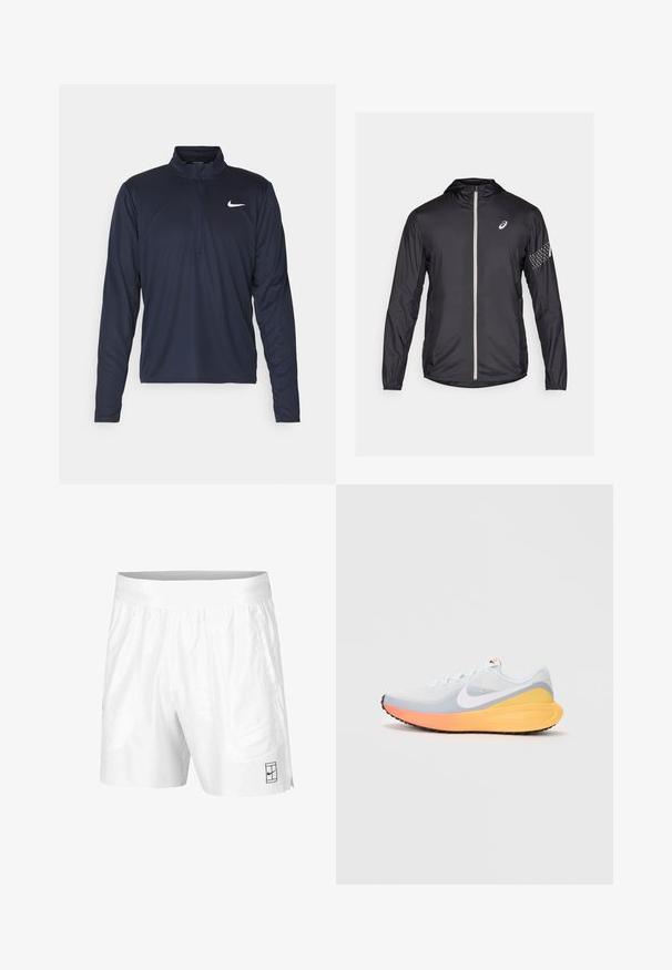 Zwarte lichte jas van synthetisch materiaal, voorzien van een volledige rits, capuchon en reflecterende accenten op de mouwen.; Nike Performance PACER TOP - Longsleeve - obsidian/silver; Witte sportshorts gemaakt van lichtgewicht stof met een elastische tailleband, voorzien van twee zijzakken en een klein zwart logo op de zoom.; Lichtblauwe hardloopschoen met een ademend bovenwerk van mesh. Bevat een witte swoosh, een oranje en gele tussenzool, en een zwarte buitenzool voor grip.
