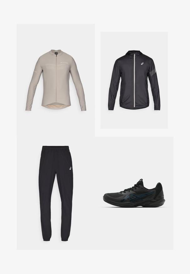 Zwarte lichte jas van synthetisch materiaal, voorzien van een volledige rits, capuchon en reflecterende accenten op de mouwen.; Licht beige lange mouw fietsjersey met een hoge kraag, rits aan de voorkant en subtiele logo-details. Heeft een verlengd achterpand en een gladde stofstructuur.; Zwarte sportbroek met een elastische tailleband en strakke boorden. Bevat een subtiele logo-accent op de linkerdij. Soepele, lichte stof.; ASICS SOLUTION SPEED FF 3 CLAY - Tennisschoenen voor kleibanen - black/prism blue
