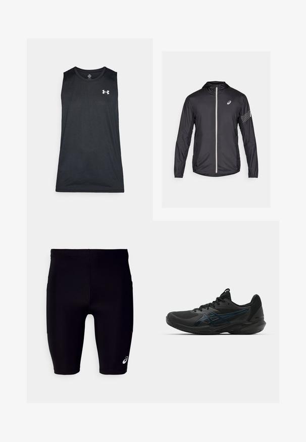 Czarna, lekka kurtka wykonana z materiału syntetycznego, z pełnym zamkiem, kapturem i odblaskowymi akcentami na rękawach.; Czarna bezrękawnik sportowy wykonany z gładkiego, oddychającego materiału. Posiada okrągły dekolt i biały logo na piersi.; Czarne spodenki sportowe wykonane z elastycznego materiału, o dopasowanym kroju, sięgające do kolan, z małym białym logo na dolnej części.; ASICS SOLUTION SPEED 3 CLAY czarny