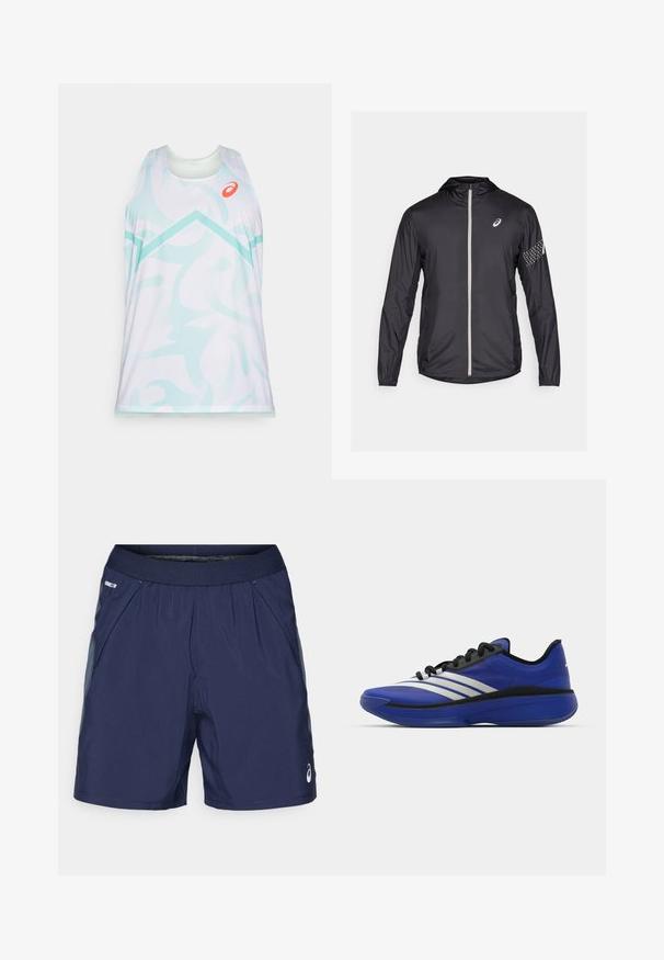 Juodas lengvas sintetinės medžiagos švarkas su pilnu užtrauktuku, kapišonu ir atspindinčiais akcentais ant rankovių.; Bespalvis sportinis topas be rankovių baltoje spalvoje su šviesiai aqua abstrakčiais raštais, turi apvalų iškirpimą ir oranžinį logotipo akcentą ant krūtinės.; Tamsiai mėlyni sportiniai šortai su elastingu juosmeniu, šoniniais kišenėmis ir šviesiai pilkais akcentais. Pagaminti iš lengvos, glotnios medžiagos, užtikrinančios komfortą.; adidas Performance ADIZERO SELECT 3.0 - Krepšinio batai - lucid blue/core black/metallic
