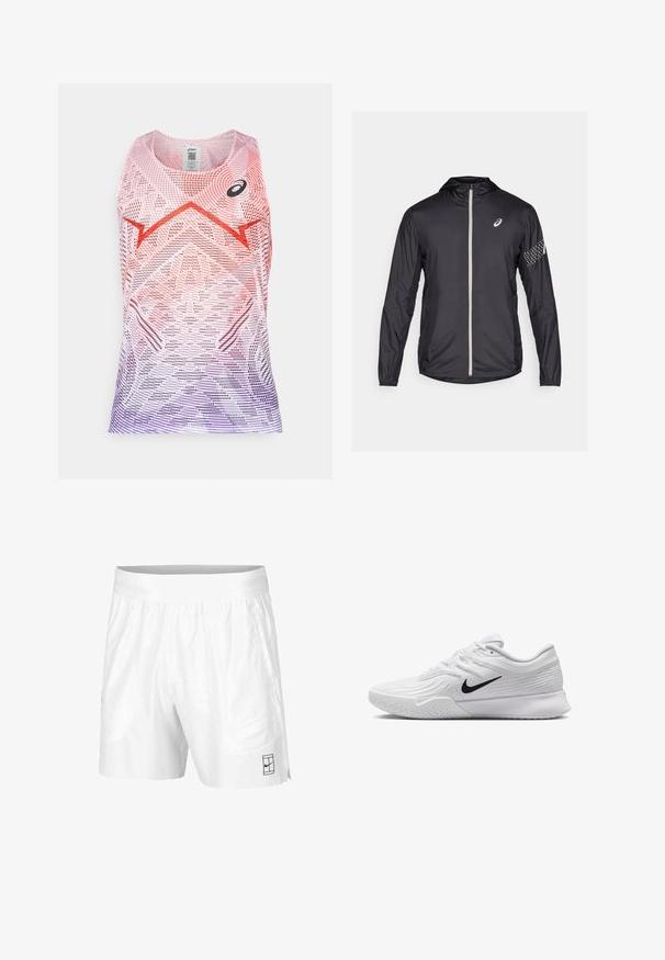 Black lightweight jacket made of synthetic material, featuring a full zip, hood, and reflective accents on the sleeves.; Sleeveless athletic top in pink and purple gradient, featuring geometric patterns and a black logo. Made from breathable, lightweight fabric.; White athletic shorts made of lightweight fabric with an elastic waistband, featuring two side pockets and a small black logo on the hem.; White athletic shoe with textured mesh upper, black Nike swoosh, padded collar, and rubber outsole with a tread pattern.