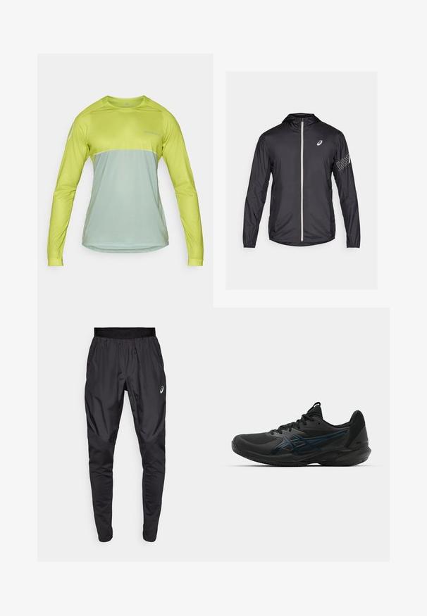 Čierna ľahká bunda z syntetického materiálu, s plným zipsom, kapucňou a reflexnými detailmi na rukávoch.; Dlhý rukáv športovej košele v jasne limetkovej a tlmenej mentolovej farbe, s okrúhlym výstrihom a ľahkým, priedušným materiálom.; Čierne športové nohavice s elastickým pásom, bočnými vreckami a kontrastnými textúrovanými panelmi na nohách. Logo Asics na boku.; ASICS SOLUTION SPEED FF 3 CLAY - Tenisové topánky na antuku - black/prism blue