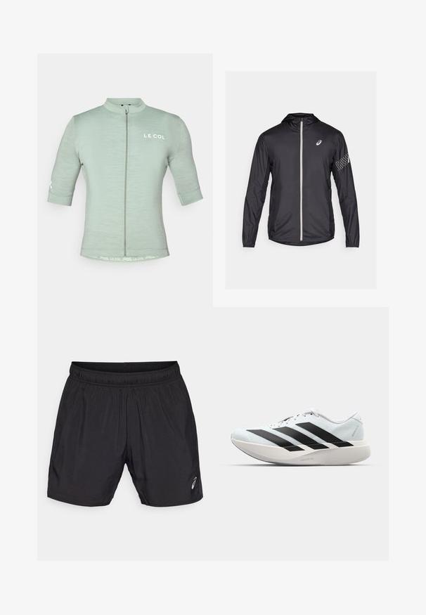 Veste légère noire en matériau synthétique, dotée d'une fermeture éclair intégrale, d'une capuche et d'accents réfléchissants sur les manches.; Maillot de cyclisme vert clair à manches courtes avec une fermeture éclair à l'avant, logo réfléchissant et design minimaliste ; tissu texturé adapté au corps.; Shorts de sport noirs en matériau léger, avec une taille élastique et un petit logo sur le bas à gauche.; Baskets de course légères en bleu pâle avec des rayures noires. Elles présentent un dessus lisse, un embout rond et une semelle intermédiaire blanche épaisse étiquetée "LIGHTSTRIKE PRO".