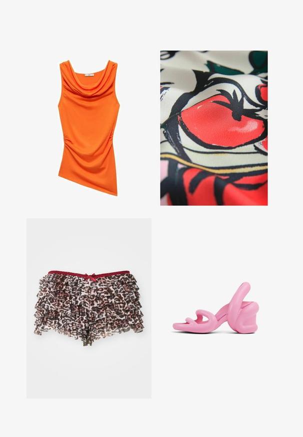 Henrik Vibskov DARTBI JACKET - Mezisezónní bunda - gobelin goats; Oranžový bezrukávový top s výstřihem do cowl, který má na jedné straně řasení a je vyroben z hladké, elastické látky. Asymetrický design spodního okraje.; Květinové šortky s leopardím potiskem a vrstvenými volány, se červeným krajkovým pasem a malou mašlí na přední straně.; Růžové sochařské sandály na vysokém podpatku s vlnitým designem a silným podpatkem, vyrobené z hladkého plastu s výřezy v oblasti prstů.; Látka s květinovým vzorem znázorňující červené rajčata, černé kontury a zelené listy; hladký povrch a živé barvy na světlém pozadí.