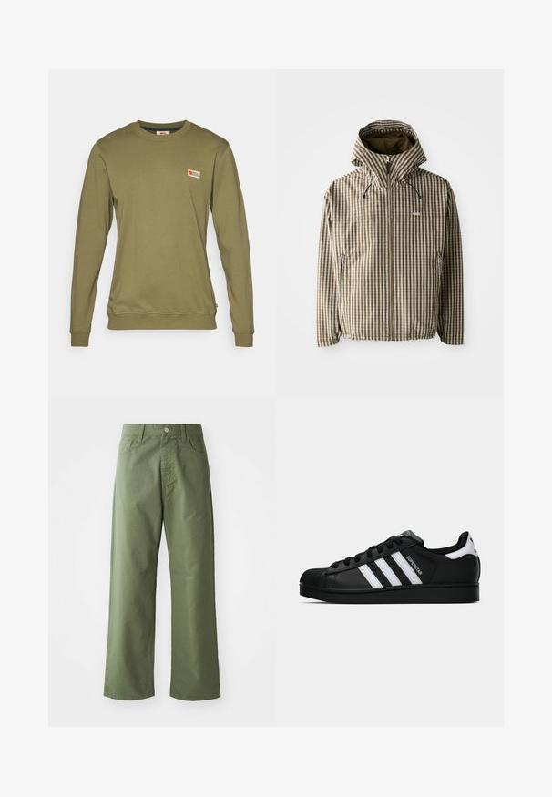 Hnědo-krémový kostkovaný kabát s kapucí, plným zipem, bočními kapsami a elastickými manžetami, vyrobený z lehkého, voděodolného materiálu.; Olivově zelená mikina s dlouhým rukávem vyrobená z měkké bavlny, s malou nášivkou loga na hrudi a žebrovanými manžetami a spodním lemem.; Bílá bavlněná tričko s krátkým rukávem a kulatým výstřihem. Nese velké logo "Carhartt" v tmavě hnědé barvě přes hrudník.; Olivově zelené široké kalhoty z bavlny. Mají poutka na opasek, přední zapínání na knoflík a boční kapsy. Hladká textura.; Černé tenisky Adidas Superstar se bílými pruhy, špičkou ve tvaru skořápky a textem "Superstar" na boku, zobrazené v bočním profilu na bílém pozadí.