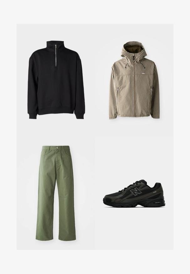 Bruin en crème geruit hoodie met een volledige ritssluiting, zijzakken en elastische manchetten, gemaakt van een lichtgewicht, waterdicht materiaal.; Zwarte pullover sweatshirt met een hoge kraag, voorzien van een halve rits, lange mouwen en geribde manchetten en onderrand. Zachte stoftextuur.; Olijfgroene wijde broek van katoen. Voorzien van riemlussen, een sluiting met een knop aan de voorkant en zijzakken. Het heeft een gladde textuur.; Zwarte sportieve schoenen met een gestructureerde synthetische bovenkant, uitgerust met een gevoerde zool en een opvallend "N"-logo aan de zijkant. Het ontwerp bevat lichte mesh-secties.