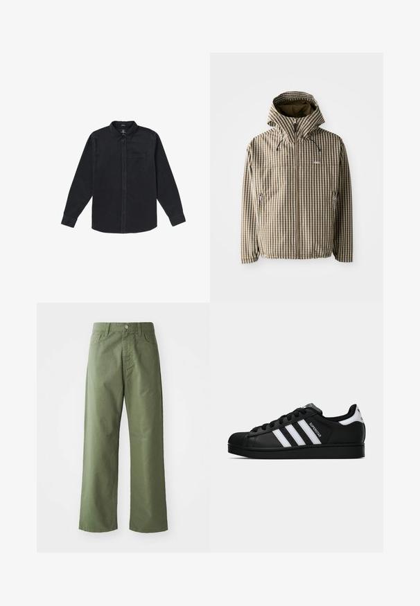 Bruin en crème geruit hoodie met een volledige ritssluiting, zijzakken en elastische manchetten, gemaakt van een lichtgewicht, waterdicht materiaal.; Zwarte langemouwen shirt van zachte stof, met een button-down kraag, een voorzak en knoopsluitingen aan de voorkant.; Olijfgroene wijde broek van katoen. Voorzien van riemlussen, een sluiting met een knop aan de voorkant en zijzakken. Het heeft een gladde textuur.; Zwarte Adidas Superstar sneaker met witte strepen, schelpneus en 'Superstar' tekst aan de zijkant, afgebeeld in zijaanzicht op een witte achtergrond.