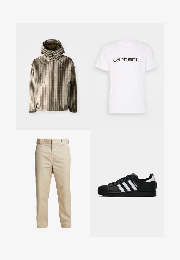 Bruin en crème geruit hoodie met een volledige ritssluiting, zijzakken en elastische manchetten, gemaakt van een lichtgewicht, waterdicht materiaal.; Witte katoenen t-shirt met korte mouwen en ronde hals. Voorzien van een groot "carhartt" logo in donkerbruin over de borst.; Beige katoenen broek met een slim fit, rechte pijpen en riemlussen; gladde textuur en minimalistisch ontwerp zonder zichtbare accentueringen.; Zwarte Adidas Superstar sneaker met witte strepen, schelpneus en 'Superstar' tekst aan de zijkant, afgebeeld in zijaanzicht op een witte achtergrond.