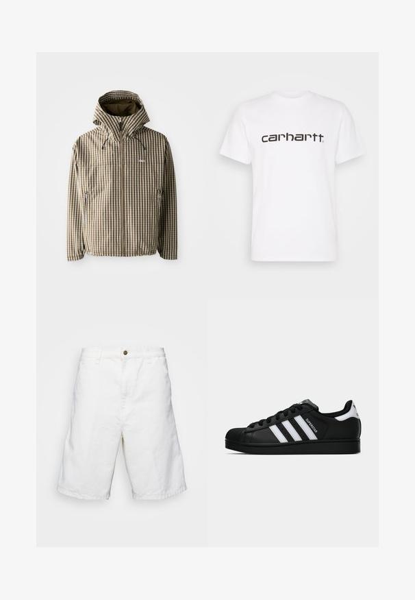 Brown and cream checkered hooded jacket with a full zip closure, side pockets, and elasticated cuffs, featuring a lightweight, waterproof material.; White cotton t-shirt with short sleeves and crew neckline. Features large "carhartt" logo in dark brown across the chest.; White cotton shorts with a straight cut, featuring a button closure and belt loops, smooth texture, and knee-length design.; Black Adidas Superstar sneaker with white stripes, shell toe, and "Superstar" text on side, shown in side profile on white background.