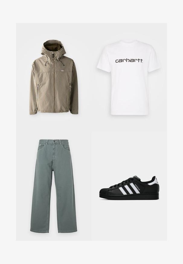 Bruin en crème geruit hoodie met een volledige ritssluiting, zijzakken en elastische manchetten, gemaakt van een lichtgewicht, waterdicht materiaal.; Witte katoenen t-shirt met korte mouwen en ronde hals. Voorzien van een groot "carhartt" logo in donkerbruin over de borst.; Brede pijpen in gedempt groen katoen, met een klassieke tailleband, riemlussen, zijzakken en contrasterende stikdetails.; Zwarte Adidas Superstar sneaker met witte strepen, schelpneus en 'Superstar' tekst aan de zijkant, afgebeeld in zijaanzicht op een witte achtergrond.