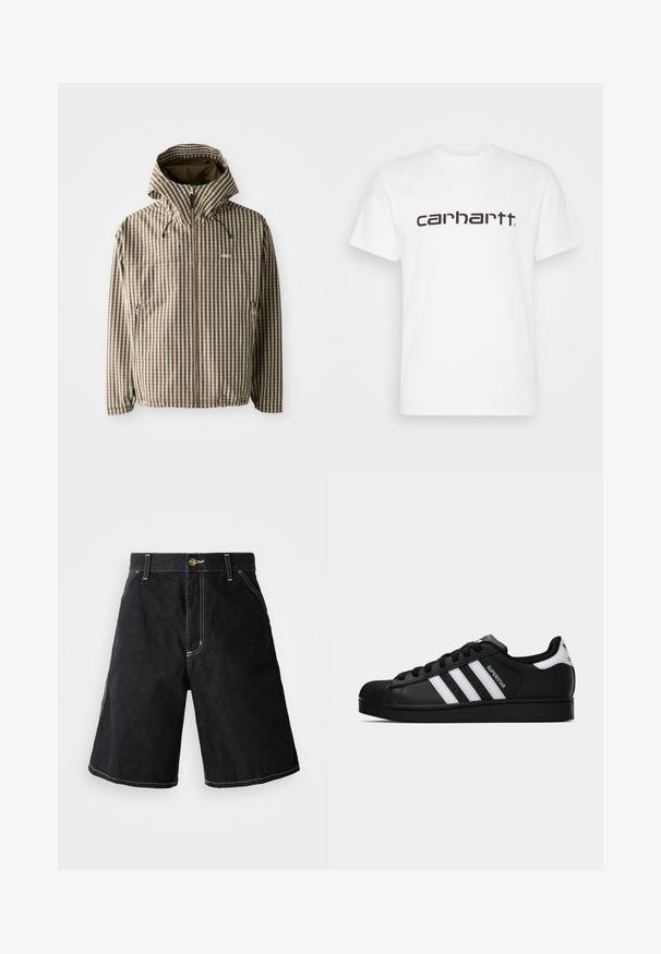 Bruin en crème geruit hoodie met een volledige ritssluiting, zijzakken en elastische manchetten, gemaakt van een lichtgewicht, waterdicht materiaal.; Witte katoenen t-shirt met korte mouwen en ronde hals. Voorzien van een groot "carhartt" logo in donkerbruin over de borst.; Zwarte denim shorts met een losse pasvorm, vijf zakken en contrasterende witte stiksels. Knopsluiting bij de taille.; Zwarte Adidas Superstar sneaker met witte strepen, schelpneus en 'Superstar' tekst aan de zijkant, afgebeeld in zijaanzicht op een witte achtergrond.