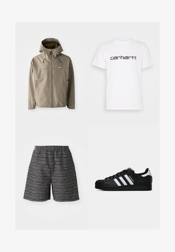 Chaqueta a rayas marrón y crema con capucha, cierre de cremallera completa, bolsillos laterales y puños elásticos, fabricada con un material ligero e impermeable.; Camiseta de algodón blanca con mangas cortas y escote redondo. Presenta un gran logo de "carhartt" en marrón oscuro en el pecho.; Pantalones cortos grises con una cinturilla elástica, que cuentan con una tela texturizada con rayas horizontales. Largo hasta el muslo y corte holgado.; Zapatilla negra Adidas Superstar con rayas blancas, punta de concha y texto "Superstar" en el lateral, mostrada en perfil lateral sobre un fondo blanco.