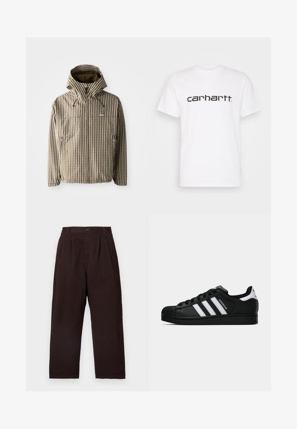 Braune und cremefarbene kariert Kapuzenjacke mit durchgehendem Reißverschluss, seitlichen Taschen und elastischen Bündchen, gefertigt aus leichtem, wasserdichtem Material.; Weißes Baumwoll-T-Shirt mit kurzen Ärmeln und Rundhalsausschnitt. Mit großem "Carhartt"-Logo in Dunkelbraun über der Brust.; Dunkelbraune, plissierte Hose mit Knopfverschluss, gefertigt aus weicher Baumwolle. Verfügt über gerade Beine und eine subtile Textur.; Schwarzer Adidas Superstar Sneaker mit weißen Streifen, Schalenzehen und "Superstar"-Schriftzug an der Seite, im Seitenprofil auf weißem Hintergrund dargestellt.