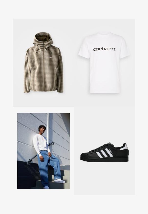 Brown and cream checkered hooded jacket with a full zip closure, side pockets, and elasticated cuffs, featuring a lightweight, waterproof material.; White cotton t-shirt with short sleeves and crew neckline. Features large "carhartt" logo in dark brown across the chest.; Heavy cotton crewneck sweatshirt in light gray, featuring an orange logo, paired with loose-fitting blue denim jeans and white sneakers.; Black Adidas Superstar sneaker with white stripes, shell toe, and "Superstar" text on side, shown in side profile on white background.