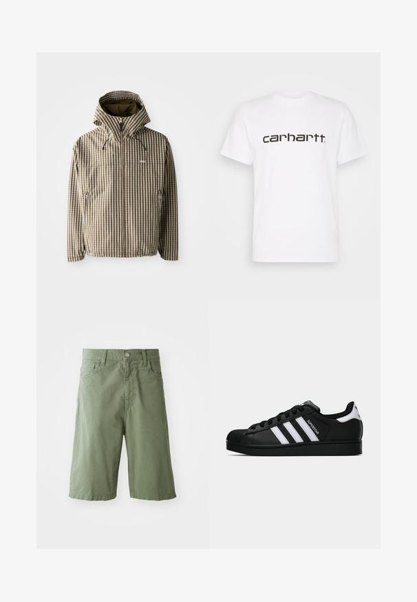 Brun og kremrutete hettejakke med full glidelås, sidelommer og elastiske mansjetter, laget av lett, vanntett materiale.; Hvit bomulls T-skjorte med kortermet og rund hals. Har en stor "carhartt"-logo i mørkebrunt over brystet.; Grønne bomullsshorts med løs passform, med to frontlommer, knappelukking og midt på leggen lengde. Glatt tekstur.; Svart Adidas Superstar sneakers med hvite striper, skalltå og "Superstar" tekst på siden, vist i sideprofil på hvit bakgrunn.