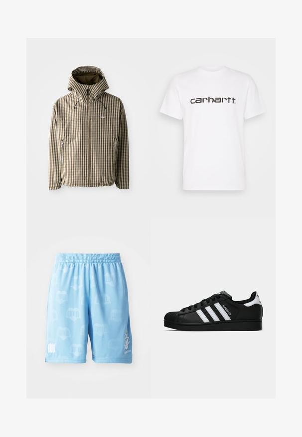 Hnedo-krémová károvaná bunda s kapucňou, plným zipsom, bočnými vreckami a elastickými manžetami, vyrobená z ľahkého, vodoodolného materiálu.; Biela bavlnená tričko s krátkymi rukávmi a okrúhlym výstrihom. Má veľké logo "carhartt" v tmavo hnedej farbe cez hruď.; Svetlomodré športové šortky vyrobené z hladkej tkaniny, so subtílnym vzorom, elastickým pásom a potlačenými logovými akcentmi na jednej nohe.; Čierne tenisky Adidas Superstar s bielymi pruhmi, špičkou v tvare mušle a textom "Superstar" na boku, zobrazené v bočnom profilu na bielom pozadí.