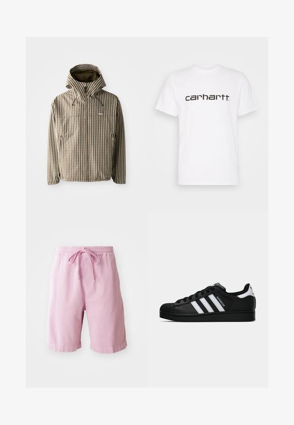 Braune und cremefarbene kariert Kapuzenjacke mit durchgehendem Reißverschluss, seitlichen Taschen und elastischen Bündchen, gefertigt aus leichtem, wasserdichtem Material.; Weißes Baumwoll-T-Shirt mit kurzen Ärmeln und Rundhalsausschnitt. Mit großem "Carhartt"-Logo in Dunkelbraun über der Brust.; Helle rosa Shorts aus Baumwolle, mit einem elastischen Bund und Kordelzug, sowie gerade geschnittenen Beinen mit genähten Saumdetails.; Schwarzer Adidas Superstar Sneaker mit weißen Streifen, Schalenzehen und "Superstar"-Schriftzug an der Seite, im Seitenprofil auf weißem Hintergrund dargestellt.