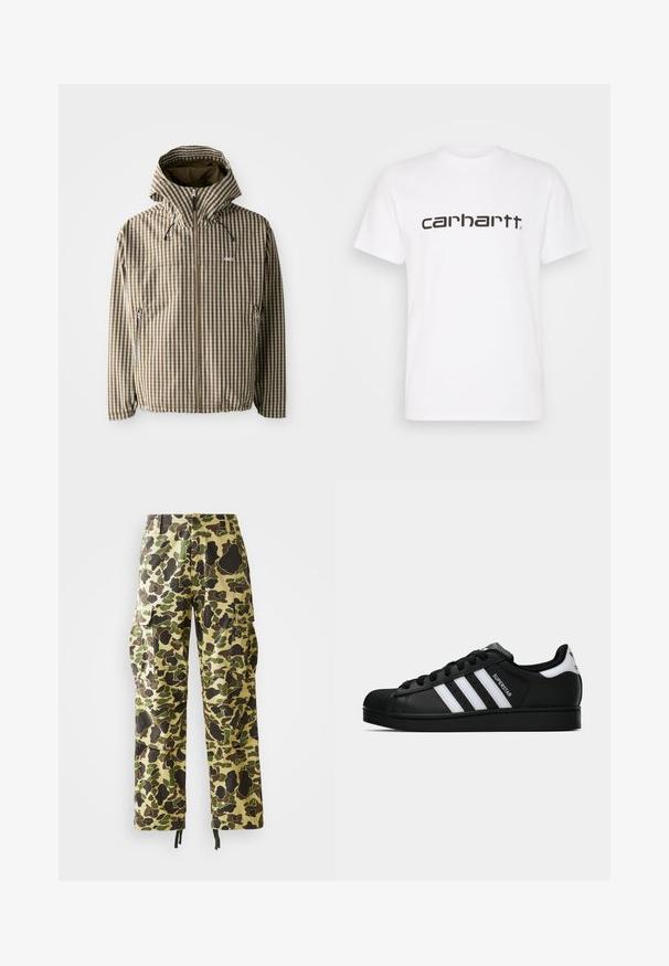 Hnědo-krémový kostkovaný kabát s kapucí, plným zipem, bočními kapsami a elastickými manžetami, vyrobený z lehkého, voděodolného materiálu.; Bílá bavlněná tričko s krátkým rukávem a kulatým výstřihem. Nese velké logo "Carhartt" v tmavě hnědé barvě přes hrudník.; Pánské rovné cargo kalhoty s zeleným, hnědým a béžovým maskáčovým vzorem, zapínání na knoflík, boční kapsy a šňůrkové lemy.; Černé tenisky Adidas Superstar se bílými pruhy, špičkou ve tvaru skořápky a textem "Superstar" na boku, zobrazené v bočním profilu na bílém pozadí.