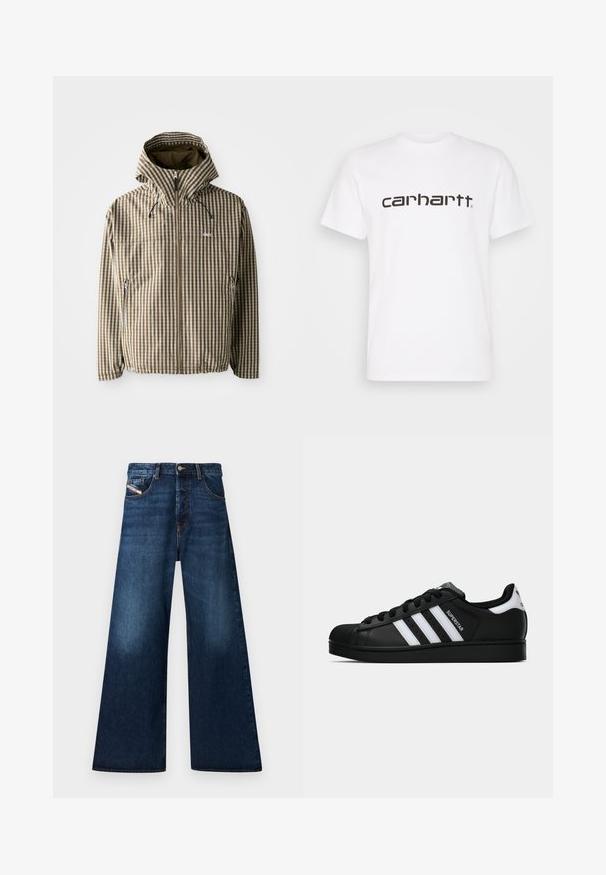 Brown and cream checkered hooded jacket with a full zip closure, side pockets, and elasticated cuffs, featuring a lightweight, waterproof material.; White cotton t-shirt with short sleeves and crew neckline. Features large "carhartt" logo in dark brown across the chest.; Wide-leg dark denim jeans with a high waist. Features five pockets, a button closure, and a faded finish near the thighs.; Black Adidas Superstar sneaker with white stripes, shell toe, and "Superstar" text on side, shown in side profile on white background.