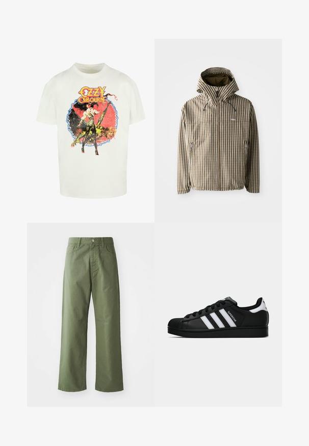 Brūna un krēmkrāsas četrstūra raksta kapuce ar pilnu rāvējslēdzēju, sānu kabatām un elastīgām aprocēm, izgatavota no viegla, ūdensnecaurlaidīga materiāla.; Balta kokvilnas T-kreklu ar krāsainu grafisko attēlu, kur attēlota sieviete un radījums, ar tekstu "Ozzy Osbourne" biezos, stilizētos burtiem.; Olive zaļas plaša kāju bikses, izgatavotas no kokvilnas. Iekļauj jostas cilpas, priekšējo pogu aizdari un sānu kabatas. Gluda tekstūra.; Melnas Adidas Superstar kedas ar baltām svītrām, čaulas purngalu un uzrakstu "Superstar" sānos, parādītas sānskatā uz baltā fona.