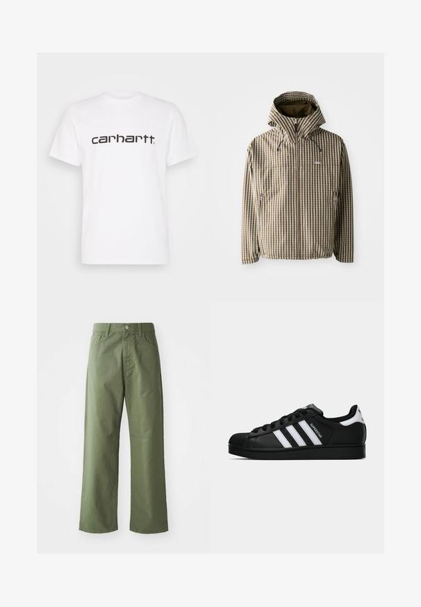 Brown and cream checkered hooded jacket with a full zip closure, side pockets, and elasticated cuffs, featuring a lightweight, waterproof material.; White cotton t-shirt with short sleeves and crew neckline. Features large "carhartt" logo in dark brown across the chest.; Olive green wide-leg pants made of cotton. Features belt loops, a front button closure, and side pockets. Smooth texture.; Black Adidas Superstar sneaker with white stripes, shell toe, and "Superstar" text on side, shown in side profile on white background.