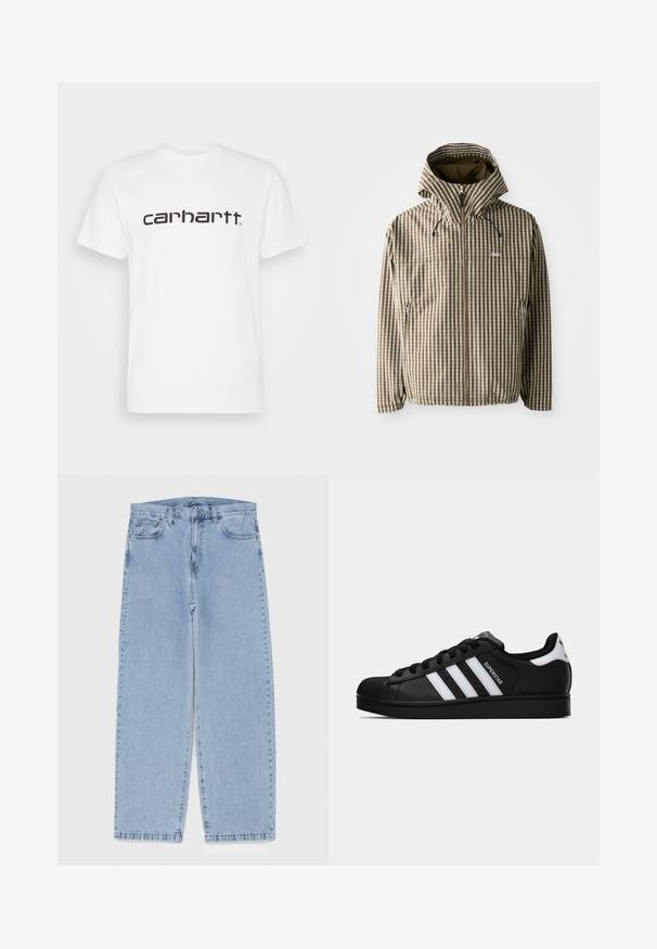 Brown and cream checkered hooded jacket with a full zip closure, side pockets, and elasticated cuffs, featuring a lightweight, waterproof material.; White cotton t-shirt with short sleeves and crew neckline. Features large "carhartt" logo in dark brown across the chest.; Light blue denim jeans with straight leg design, featuring a mid-rise waist, five pockets, and a button and zipper closure.; Black Adidas Superstar sneaker with white stripes, shell toe, and "Superstar" text on side, shown in side profile on white background.