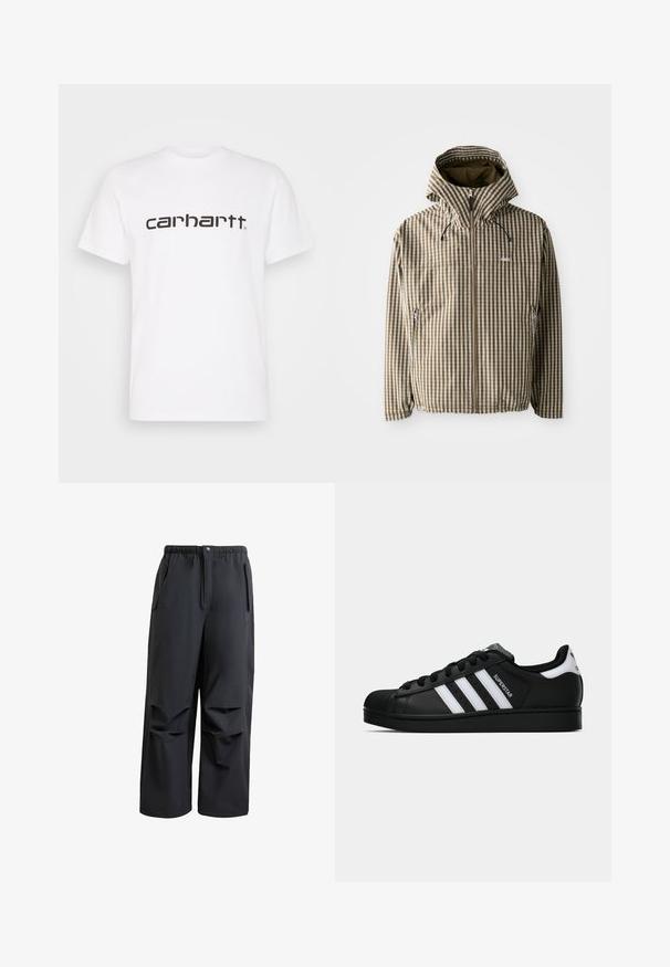 Giacca con cappuccio a quadri marroni e crema, con chiusura a zip integrale, tasche laterali e polsini elasticizzati, realizzata in materiale leggero e impermeabile.; T-shirt bianca in cotone con maniche corte e scollatura rotonda. Presenta un grande logo "Carhartt" in marrone scuro sul petto.; Pantaloni neri, larghi e realizzati in tessuto morbido. Presentano una vita elastica, chiusura con bottone e due tasche laterali con dettagli plissettati.; Sneaker nera Adidas Superstar con strisce bianche, punta a conchiglia e testo "Superstar" su un lato, mostrata in profilo laterale su sfondo bianco.