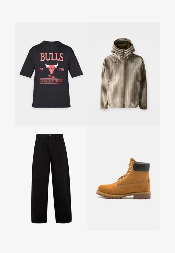 Brūna un krēmkrāsas četrstūra raksta kapuce ar pilnu rāvējslēdzēju, sānu kabatām un elastīgām aprocēm, izgatavota no viegla, ūdensnecaurlaidīga materiāla.; Melna īsām piedurknēm T-krekls ar sarkanu uzrakstu "BULLS", kurā ir bullis grafika un teksts "Chicago EST. 1966 EASTERN CONFERENCE".; Melni platā kāju džinsi no denima, ar priekšējām kabatām, pogu aizdari un tīru, minimālistisku dizainu bez redzamām rakstām.; Brūna zamša potīte ar melnu izšuvumu ap kaklu, zelta metāla acu caurumi, balta šuvju apdare un izturīgs gumijas zole ar izteiktu zīmējumu.