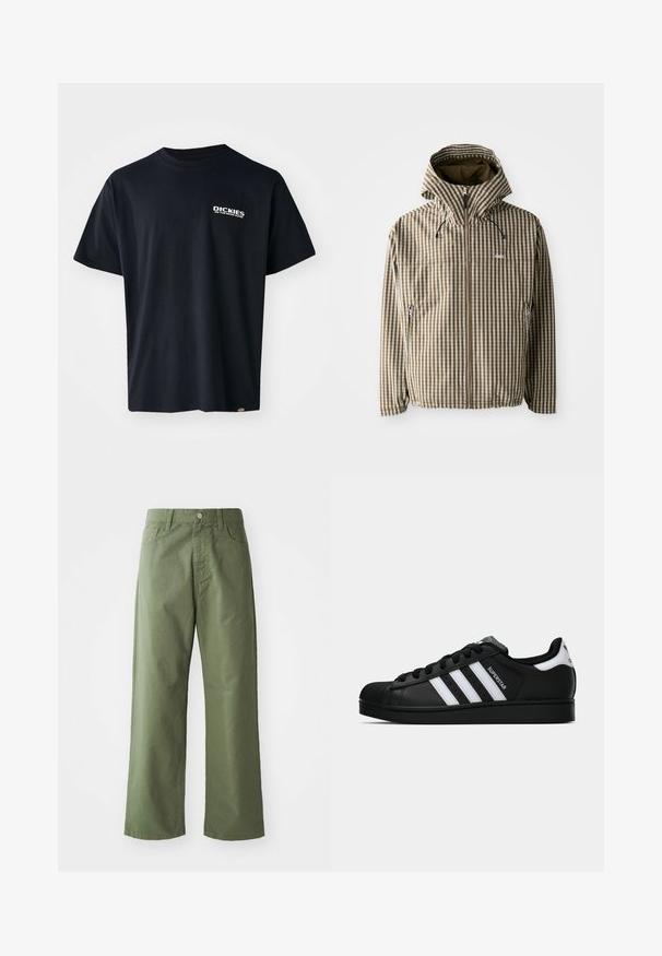 Rudas ir kremas langeliais marginta striukė su gobtuvu, užsegama užtrauktuku, su šoninėmis kišenėmis ir elastinėmis rankovėmis, pagaminta iš lengvos, vandeniui atsparios medžiagos.; Juodas trumpomis rankovėmis T švarkelis, pagamintas iš medvilnės, su baltu grafinio teksto logotipu kairėje krūtinės pusėje, tiesaus kirpimo ir su etikete šone.; Alkūnė žalios spalvos plačios kelnės, pagamintos iš medvilnės. Turi diržo kilpas, priekinį mygtuką ir šonines kišenes. Lygus paviršius.; Juodos „Adidas Superstar“ sportbačiai su baltais dryžiais, šonine kriaukle ir „Superstar“ tekstu šone, rodomi šoniniame profilyje ant balto fono.