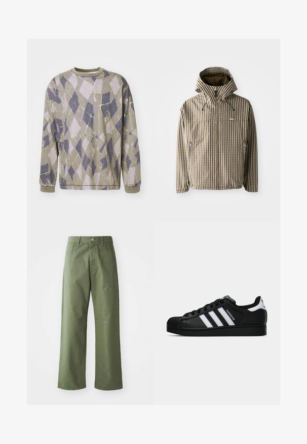 Braune und cremefarbene kariert Kapuzenjacke mit durchgehendem Reißverschluss, seitlichen Taschen und elastischen Bündchen, gefertigt aus leichtem, wasserdichtem Material.; Langärmliger Pullover aus strukturiertem grauem Stoff, der ein geometrisches Rautenmuster in Helllila und Marineblau mit metallischen gelben Akzenten zeigt.; Olivegrüne weit geschnittene Hose aus Baumwolle. Mit Gürtelschlaufen, einem Frontknopfverschluss und seitlichen Taschen. Glatte Textur.; Schwarzer Adidas Superstar Sneaker mit weißen Streifen, Schalenzehen und "Superstar"-Schriftzug an der Seite, im Seitenprofil auf weißem Hintergrund dargestellt.