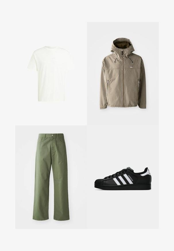 Bruin en crème geruit hoodie met een volledige ritssluiting, zijzakken en elastische manchetten, gemaakt van een lichtgewicht, waterdicht materiaal.; Witte katoenen t-shirt met korte mouwen, een ronde hals en een subtiel reliëflogo op de voorkant. Zachte textuur en ontspannen pasvorm.; Olijfgroene wijde broek van katoen. Voorzien van riemlussen, een sluiting met een knop aan de voorkant en zijzakken. Het heeft een gladde textuur.; Zwarte Adidas Superstar sneaker met witte strepen, schelpneus en 'Superstar' tekst aan de zijkant, afgebeeld in zijaanzicht op een witte achtergrond.