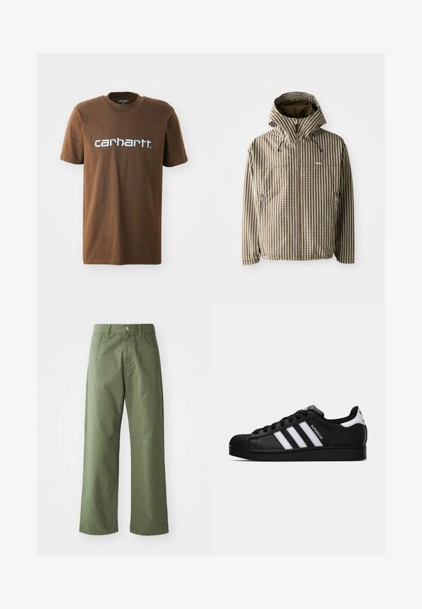 Pruun ja kreemikas ruuduline tõmblukuga kapuutsiga jope, küljetaskud ja elastsed mansetid, valmistatud kergest, veekindlast materjalist.; Prune puuvillane T-särk lühikeste varrukatega, millel on rinnal valge "carhartt" logo. Tavaline ümar kaelaauk.; Oliivrohelised laiad püksid, mis on valmistatud puuvillast. Iloomi kindlas, esikupeitud nöpp ja küljetaskud. Sile tekstuur.; Mustad musta värvi Adidas Superstar toss, millel on valged triibud, koonuseline varvas ja küljes "Superstar" tekst, esitatud külgvaates valgel taustal.