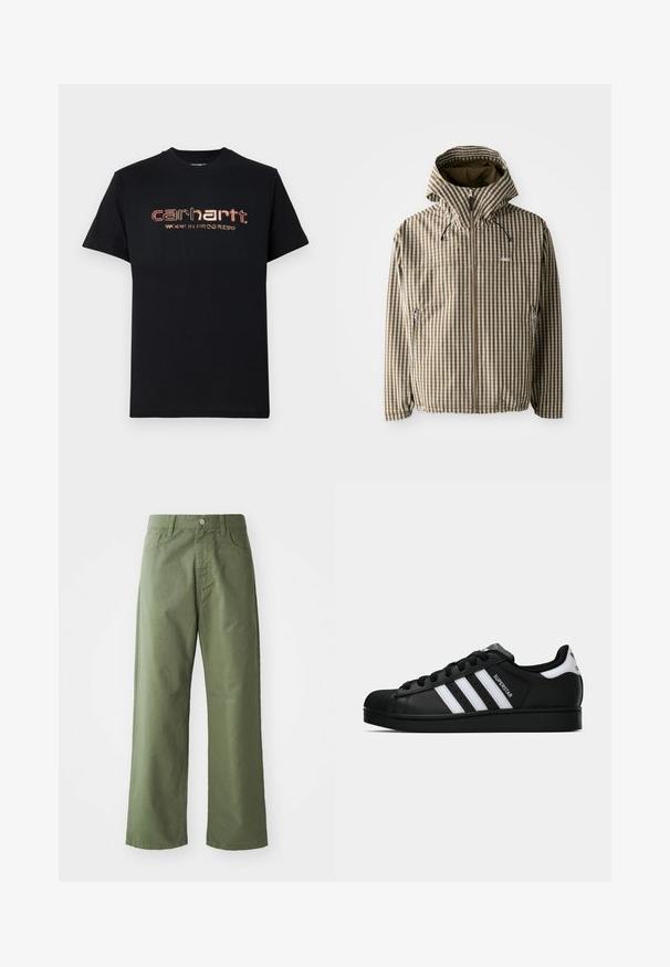 Rudas ir kremas langeliais marginta striukė su gobtuvu, užsegama užtrauktuku, su šoninėmis kišenėmis ir elastinėmis rankovėmis, pagaminta iš lengvos, vandeniui atsparios medžiagos.; Juodas medvilnės marškinėliai trumpomis rankovėmis ir apvaliu kaklu. Priekyje yra metalinės raudonos ir aukso spalvos užrašas: "carhartt. DARBO PROCESAS."; Alkūnė žalios spalvos plačios kelnės, pagamintos iš medvilnės. Turi diržo kilpas, priekinį mygtuką ir šonines kišenes. Lygus paviršius.; Juodos „Adidas Superstar“ sportbačiai su baltais dryžiais, šonine kriaukle ir „Superstar“ tekstu šone, rodomi šoniniame profilyje ant balto fono.