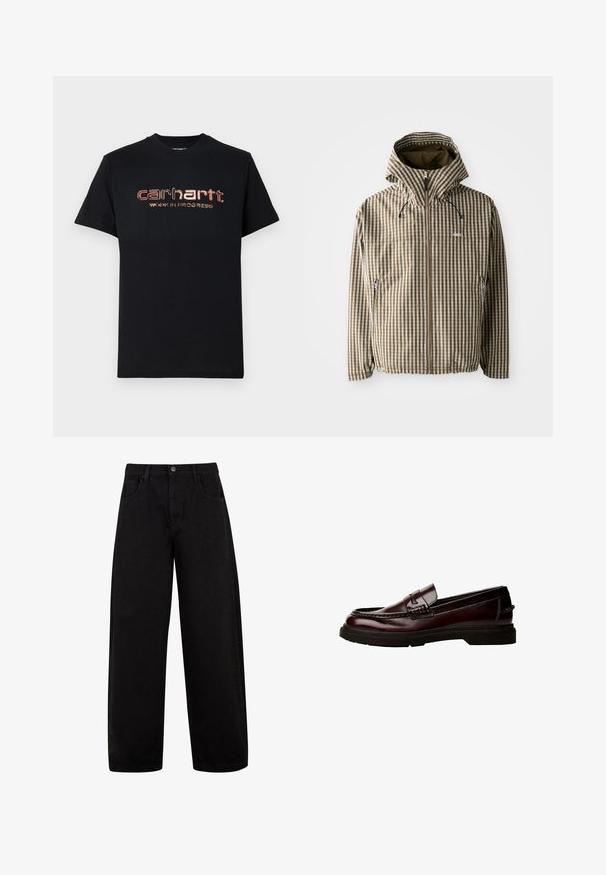 Braune und cremefarbene kariert Kapuzenjacke mit durchgehendem Reißverschluss, seitlichen Taschen und elastischen Bündchen, gefertigt aus leichtem, wasserdichtem Material.; Schwarzes Baumwoll-T-Shirt mit kurzen Ärmeln und Rundhalsausschnitt. Die Vorderseite zeigt metallisch rote und goldene Schrift: "carhartt. WORK IN PROGRESS."; Schwarze weite Jeans aus Denim, mit Fronttaschen, einem Knopfverschluss und einem klaren, minimalistischen Design ohne sichtbare Muster.; Braune Leder Slipper mit abgerundetem Zeh, detaillierter Steppnaht und Gummisohle. Verfügt über einen dekorativen Riemen und eine glatte Textur.