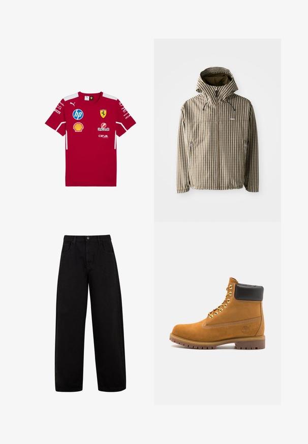 Pruun ja kreemikas ruuduline tõmblukuga kapuutsiga jope, küljetaskud ja elastsed mansetid, valmistatud kergest, veekindlast materjalist.; Punane lühikeste varrukatega jers söb hi on valmistatud siledast kangast, valgete detailide ja mitme sponsori logoga, sealhulgas Ferrari embleem rinnal.; Mustad laiad teksapüksid, mis on valmistatud denimist, esipocketitega, nööbiga kinni ja puhta, minimaalse disainiga ilma nähtavate mustriteta.; Küpset tan suede sääreboot musta pehmea kraega, kuldsed metallist silmad, valge õmblemise detailid ja robustne kummist tallaga, millel on väljendunud mustrid.
