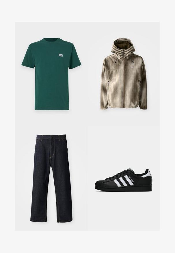 Rudas ir kremas langeliais marginta striukė su gobtuvu, užsegama užtrauktuku, su šoninėmis kišenėmis ir elastinėmis rankovėmis, pagaminta iš lengvos, vandeniui atsparios medžiagos.; Žalias medvilninis marškinėliai su apvaliu iškirpimu, trumpomis rankovėmis ir mažu baltu logotipo ženkleliu kairėje krūtinės pusėje. Lygi tekstūra.; Tamsiai mėlyni džinsai su tiesiomis kojomis, pasižymintys geltonomis siūlėmis, priekinėmis kišenėmis ir mygtuku juosmens užsegimui.; Juodos „Adidas Superstar“ sportbačiai su baltais dryžiais, šonine kriaukle ir „Superstar“ tekstu šone, rodomi šoniniame profilyje ant balto fono.