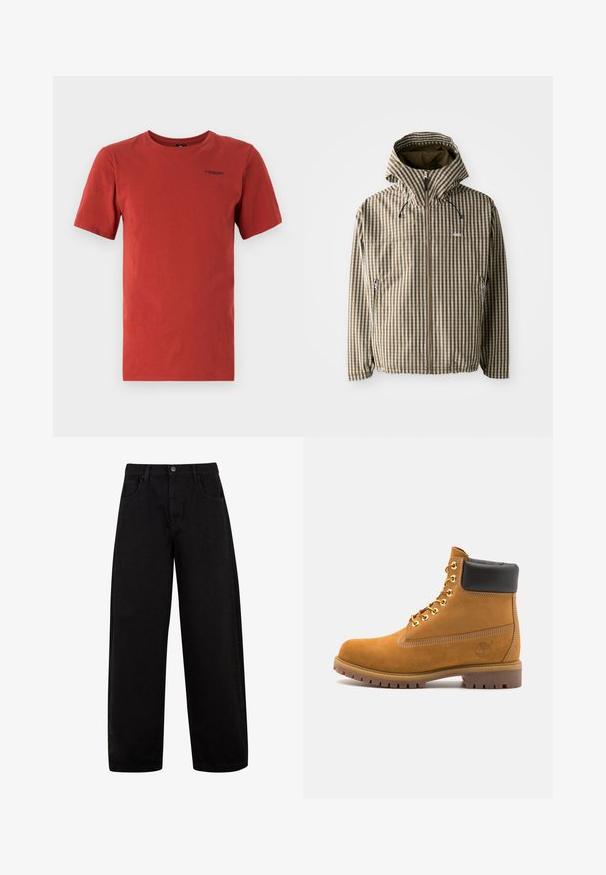 Barna és krémszínű kockás kapucnis dzseki teljes cipzárral, oldalsó zsebekkel és elasztikus mandzsettákkal, könnyű, vízálló anyagból.; G-STAR BASE - Basic póló - rusty red; Fekete, bővített szárú farmernadrág, elülső zsebekkel, gombos záródással és tiszta, minimalista dizájnnal, látható minták nélkül.; Barna velúr bokacipő fekete párnázott gallérral, arany fém fűzőlyukakkal, fehér varrási részletekkel és durva gumitalppal, amelynek kifejezett barázdái vannak.