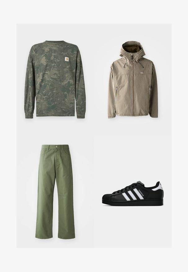 Barna és krémszínű kockás kapucnis dzseki teljes cipzárral, oldalsó zsebekkel és elasztikus mandzsettákkal, könnyű, vízálló anyagból.; Hosszú ujjú terepmintás ing zöld és barna árnyalatokban, a bal mellrészen egy kis négyzet alakú Carhartt logófolttal.; Olíva zöld, bő szárú pamut nadrág. Övlyukakkal, elülső gombos záródással és oldalsó zsebekkel rendelkezik. Simaszerkezet.; Fekete Adidas Superstar sportcipő fehér csíkokkal, kagyló orral és "Superstar" felirattal az oldalán, oldalról bemutatva, fehér háttér előtt.