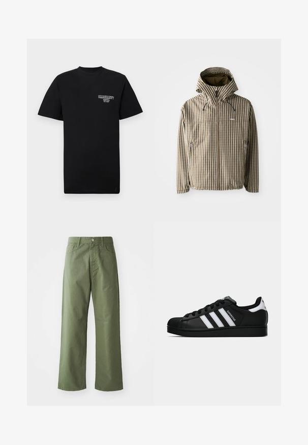 Hnedo-krémová károvaná bunda s kapucňou, plným zipsom, bočnými vreckami a elastickými manžetami, vyrobená z ľahkého, vodoodolného materiálu.; Čierne bavlnené tričko s krátkymi rukávmi a okrúhlym výstrihom, s bielou potlačou loga na ľavej hrudi. Hladká textúra, štandardný strih.; Olive zelené široké nohavice vyrobené z bavlny. Obsahujú pútka na opasok, predné zapínanie na gombík a bočné vrecká. Hladká textúra.; Čierne tenisky Adidas Superstar s bielymi pruhmi, špičkou v tvare mušle a textom "Superstar" na boku, zobrazené v bočnom profilu na bielom pozadí.