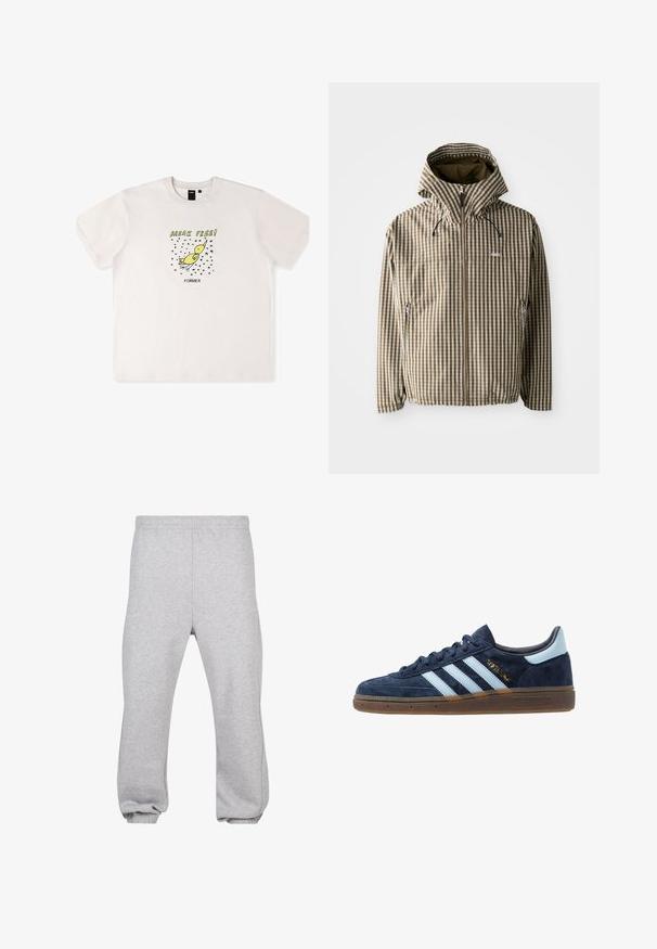 Brun og creme ternet hættejakke med fuld lynlås, sidelommer og elastiske manchetter, fremstillet af letvægts, vandtæt materiale.; Hvid bomulds t-shirt med et grafik af en gul fugl og teksten "BRYDE FRIE!" i sort. Korte ærmer med en løs pasform.; Grå sweatpants lavet af bomuldsblanding, med elastisk talje, tapered ben og manchetter. Enkel design uden mønstre.; Navyblå ruskinds Adidas sneakers med lyseblå striber, gummisål, lyseblå hælflap og guld "Spezial" branding på siden.