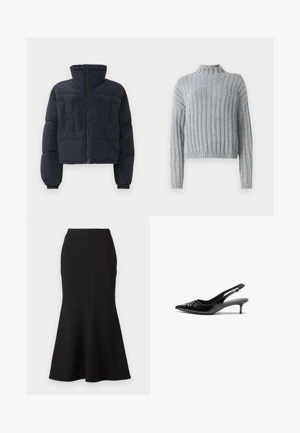 Fekete cropped puffernadrágos dzseki magas gallérral, elöl cipzárral, elasztikus mandzsettákkal és nagyméretű, rilieffel készült "FLU" felirattal a mellrészen.; Világosszürke, vastag kötésű pulóver bordás mintával, állvédős nyakkal, hosszú ujjal és enyhén rövid fazonnal.; Fehér, hosszú ujjú, gombos ing sima pamut keverékből. Klasszikus gallérral, elöl gombos záródással és lekerekített mandzsettával rendelkezik.; Fekete, bővülő szoknya sima anyagból, illeszkedő derékrésszel, középen varrással, amely a szegélyen lágy bővüléssel végződik.; Fekete bőrből készült slingback magassarkú cipők hegyes orral, kis francia sarokkal és díszes csomóval az elején. Az egész felületen sima textúra.