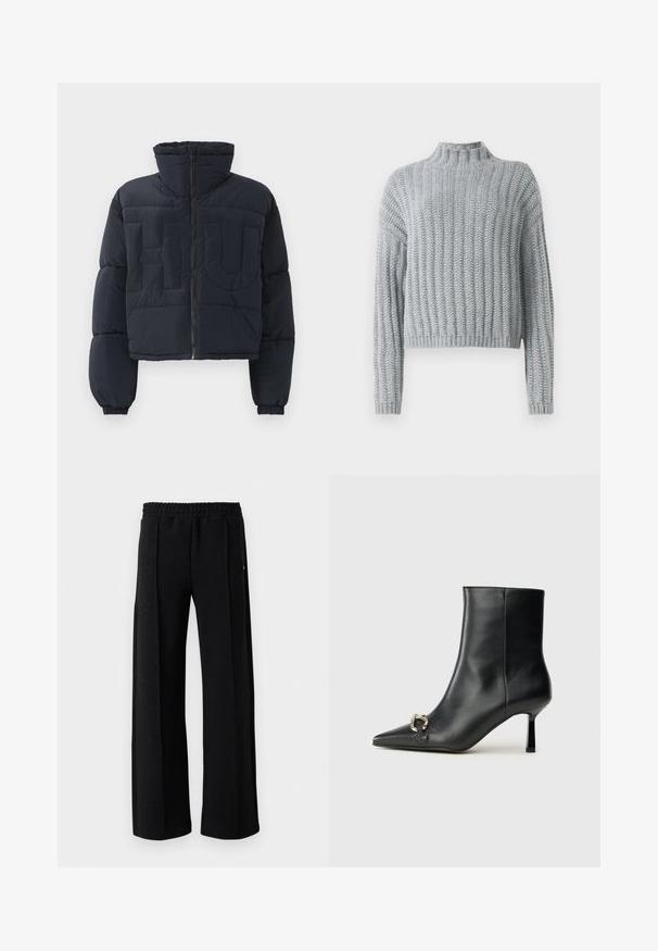 Casaco puff preto cortado com gola alta, fecho frontal, punhos elásticos e letras grandes embutidas em matelassê "FLU" no peito.; Pullover em malha grossa cinza claro com padrão canelado, gola alta, mangas longas e um corte ligeiramente cropped.; Camisa branca de mangas longas com botões, em um suave misto de algodão. Apresenta um colarinho clássico, fechamento frontal com botões e punhos arredondados.; Calças pretas de corte reto com cinta elástica e um padrão texturizado subtil em todo o tecido, sobre um fundo branco.; Bota preta de couro até ao tornozelo com bico apontado, salto slim de altura média e detalhe em fivela prateada de lado, contra um fundo simples.