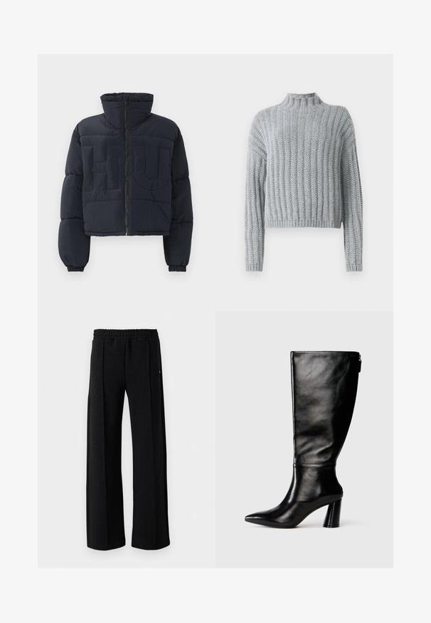 Black cropped puffer jacket with high collar, front zipper, elastic cuffs, and quilted large embossed letters "FLU" on the chest.; Light gray chunky knit sweater with ribbed pattern, mock neck, long sleeves, and a slightly cropped fit.; White long-sleeve button-up shirt in a smooth cotton blend. Features a classic collar, front button closure, and rounded cuffs.; Black straight-leg pants with elastic waistband and subtle textured pattern throughout the fabric on a white background.; Knee-high black leather boot with a pointed toe, smooth texture, and a chunky heel. Features a zipper detail at the back.