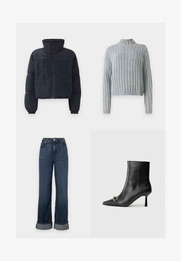 Mustade lühikesed pustjakad kõrge krae, ees lukk, elastsed varrukad ja tikitud suured reljeefsed tähed "FLU" rinnal.; Heled hallid kootud sviiter, millel on soonikustruktuur, noku kaelus, pikad varrukad ja veidi lühike lõige.; Valge pikka varrukat nuppude jaotuse särk, mis on valmistatud siledast puuvillasegust. Omab klassikalist krae, ees nuppude sulgemist ja ümarate mansettidega.; Tumesinises denimis kõrge vöökohaga laiad püüksid, millel on kontrastne õmblemine, voltitudäär ja klassikaline viie taskuga disain.; Must mustanvärvi nahast pahklinetopp, millel on terav nina, peen keskmise kõrgusega konts ja hõbedane keha detail külgedel, taustal lihtne taust.