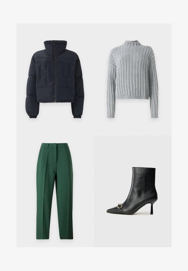 Sort cropped pufferjakke med høj krave, frontlynlås, elastiske manchetter og quiltede store prægede bogstaver "FLU" på brystet.; Lys grå chunky strikket sweater med ribbet mønster, høj hals, lange ærmer og en lidt cropped pasform.; Hvid langærmet skjorte med knapper i en blød bomuldsblanding. Har en klassisk krave, frontlukning med knapper og rundede manchetter.; Grønne bukser med skræddersyet design, der har flad front, lige ben og en glat tekstur. Ingen synlige lommer eller pynt.; Sort læder ankelstøvle med spidse tæer, slank hæl i mellemhøjde og sølvspænde detaljer på siden mod en ensfarvet baggrund.